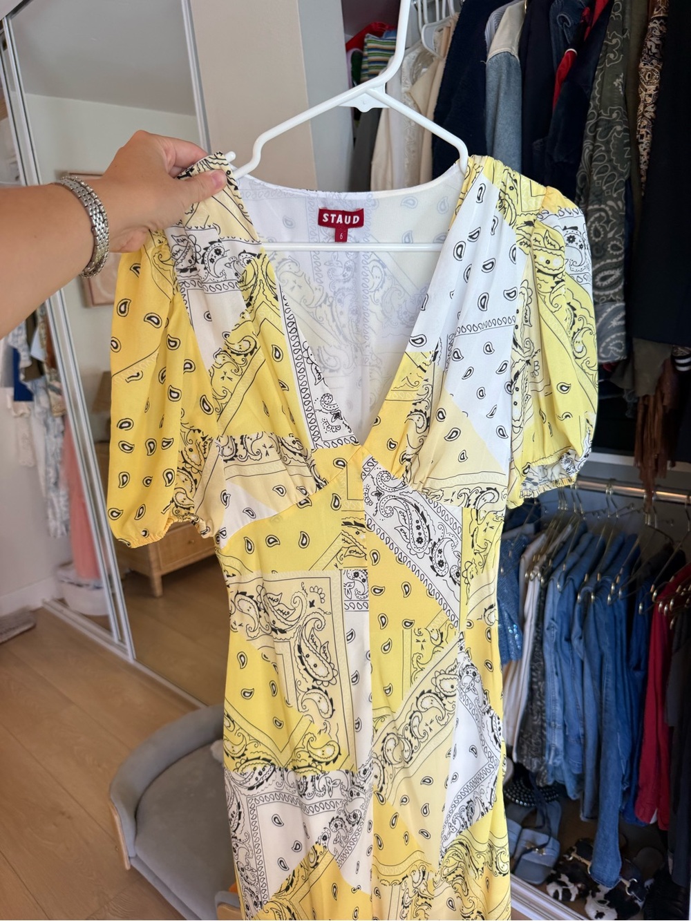 STAUD Yellow and White Bandana-Print V-Neck Puff Sleeve Dress